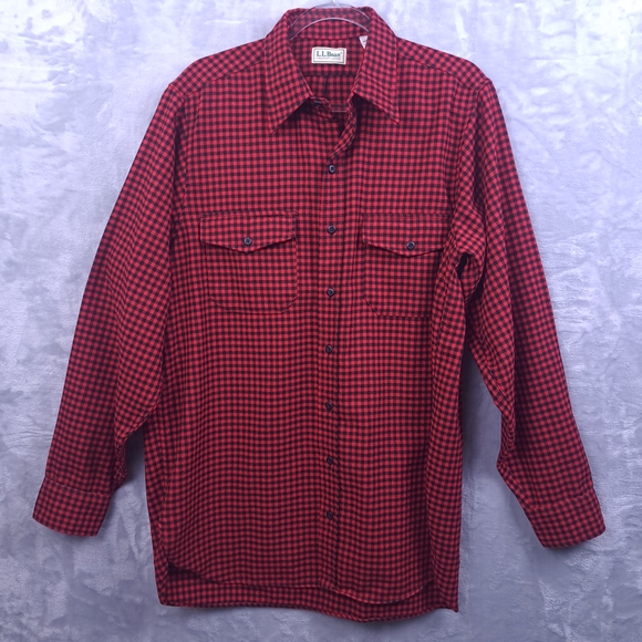 L.L. Bean Red and Black Checkered Men's Button Up Long Sleeve Shirt Sz L - Picture 13 of 14